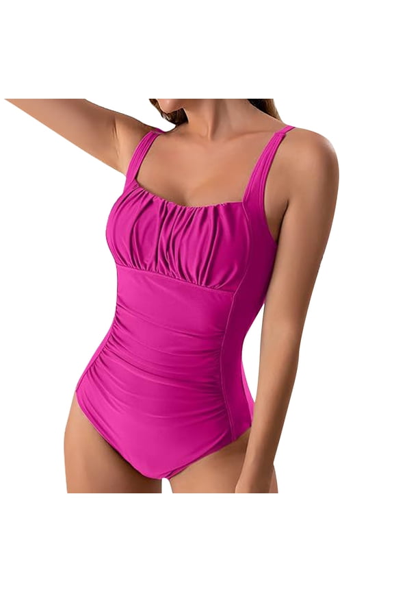 One Piece Swimsuit for Women Tummy Control Solid Pleated Suspender Fashionable Bathing Suits