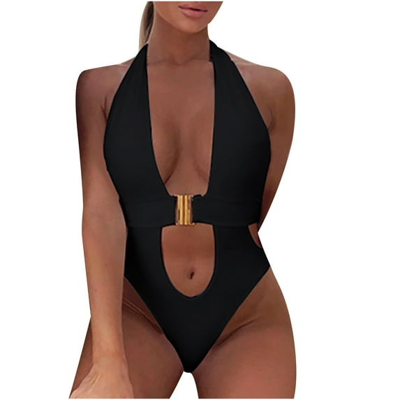 One Piece Swimsuit for Women Women Solid Color One-Piece Deep V Buckle Design Bikini Swimsuit Set