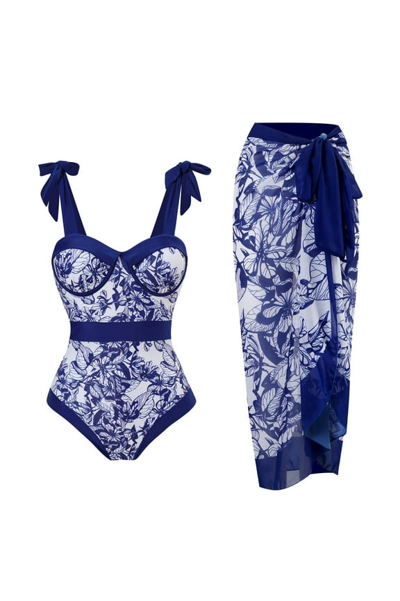 One Piece Swimsuit for Women with Cover Ups Two Pieces Push Up Bathing Suits Floral Printed High Cut Vintage Swimwear Blue L