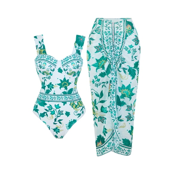 One Piece Swimsuit for Women with Cover up Wrap Skirt Sarong Bathing Suit Boho Printed Beach Outfit Summer (XL, Green)