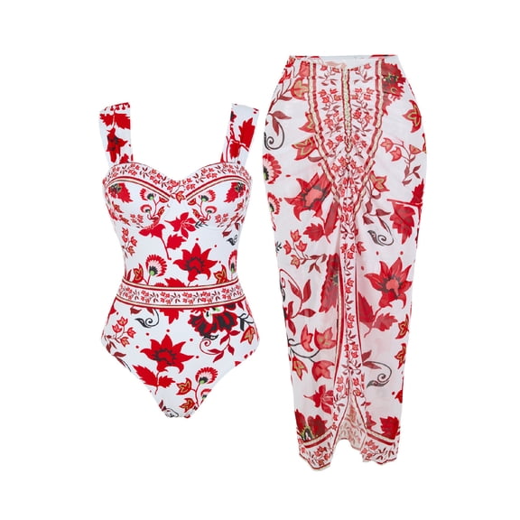 One Piece Swimsuit for Women with Cover up Wrap Skirt Sarong Bathing Suit Boho Printed Beach Outfit Summer (XL, Red)