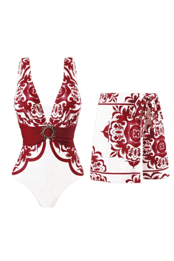 One Piece Swimsuit with Cover up Wrap Skirt Sarong Floral Print Plunge V Neck Bathing Suit for Women