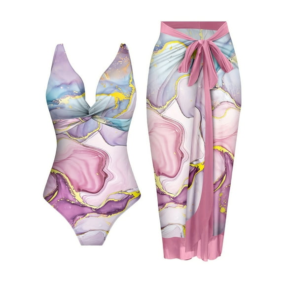 One Piece Swimsuit with Cover up for Women Wrap Skirt Floral Print Swim Suit Tummy Control V Neck Bathing Suit Pink XL