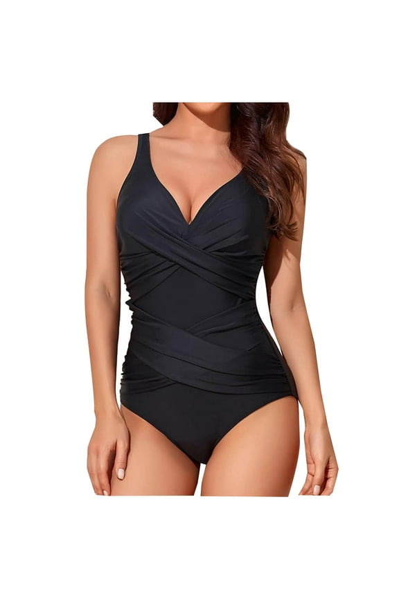 One Piece Swimsuits For Women Retro Ruched Push Up Padded Swimwear Slim Fit Tummy Control V Neck Bathing Suits Black XL