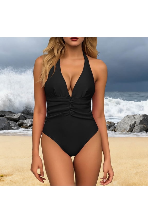 One Piece Swimsuits for Women Built-in Padded Cups Plunge V Neck Halter Monokini Ruched Tummy Control Bathing Suits High Cut Backless Slimming Swimwear