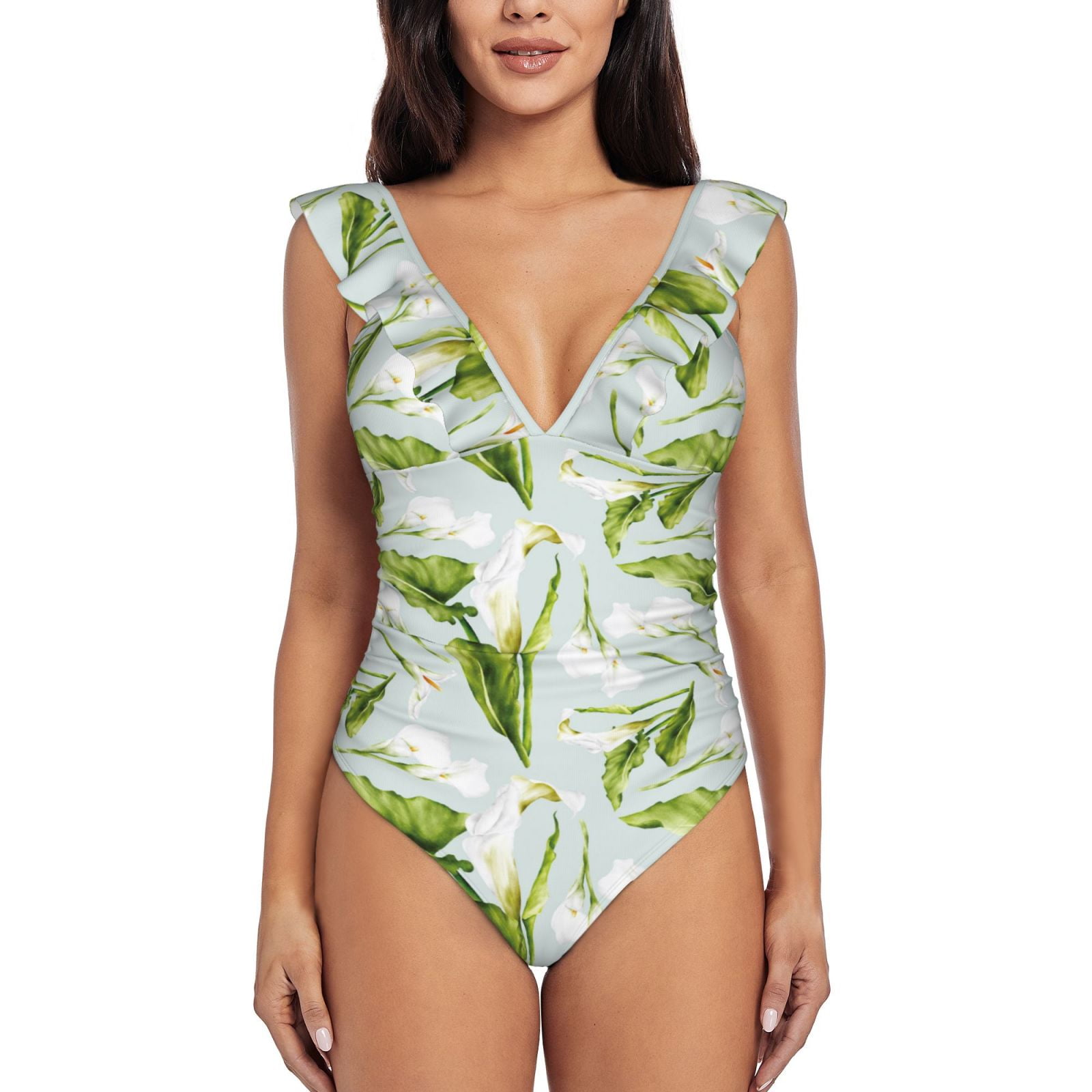 One Piece Swimsuits Women Tummy Control, Calla Lily Flowers Light Blue ...