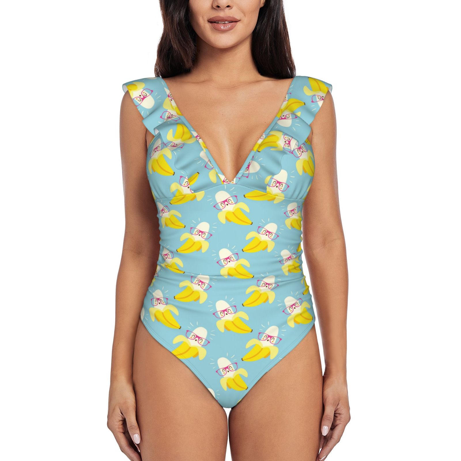 One Piece Swimsuits Women Tummy Control, Cute Banana Azure Bathing Suit