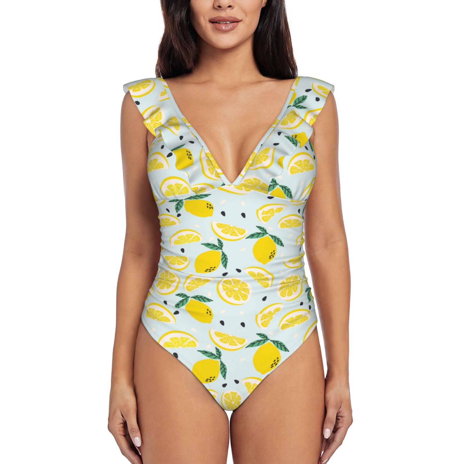 One Piece Swimsuits Women Tummy Control, Cute Lemon Azure Bathing Suit