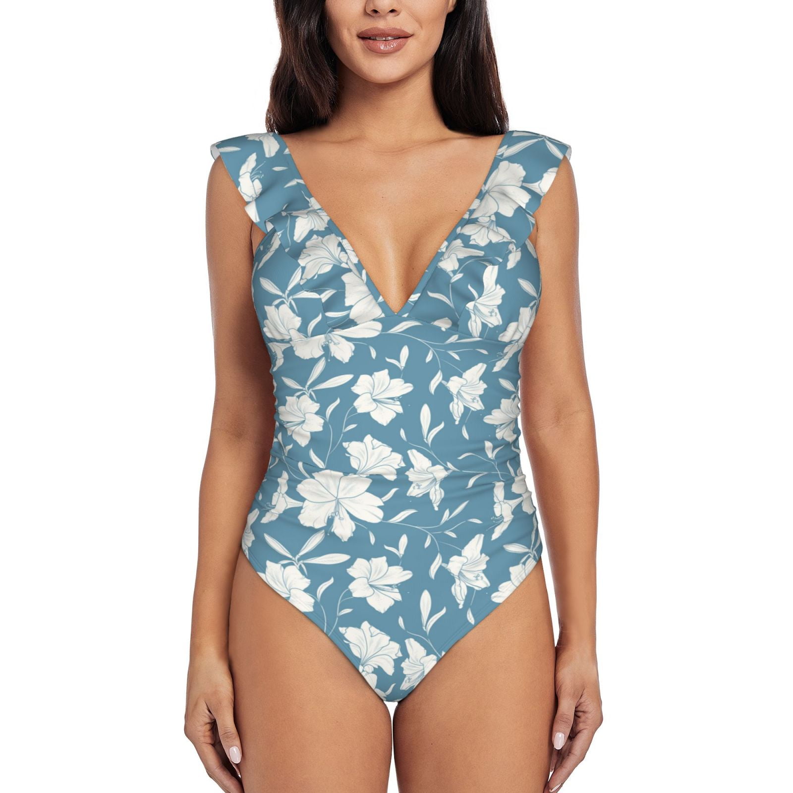 One Piece Swimsuits Women Tummy Control, Lilies Flowers Light Blue ...