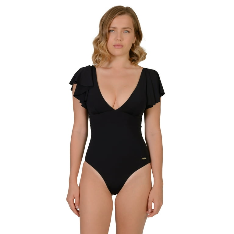 One Piece Swimsuits for Women Tummy Control, Sexy Deep V Neckline Ruffle  Bathing Suit