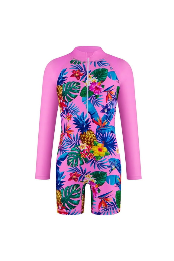 One Piece Swimsuits for Girls Leaf Printed Long Sleeve Swimming Sunscreen Quick Drying Bathing Suit Size 6-7 Y
