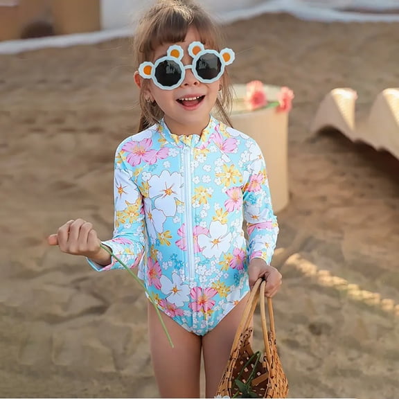 One Piece Swimsuits for Girls Long Sleeve Floral Print Swimwear Rash Guard UPF 50 Protection Bathing Suit Blue Size 7-8 Y