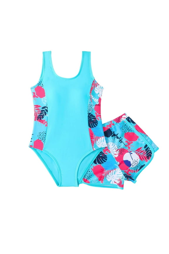 One Piece Swimsuits for Girls Set Floral Print Tankini Top And Shorts Beach Pool Summer Outfits Teen Bathing Suit Size 6-7 Y