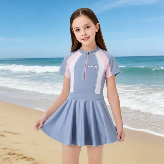 One Piece Swimsuits for Girls Short Sleeve Zipper Swim Dress UPF 50 Rash Guard Training Sportswear Swimwear Bathing Suit Light Blue Size 7-8 Y