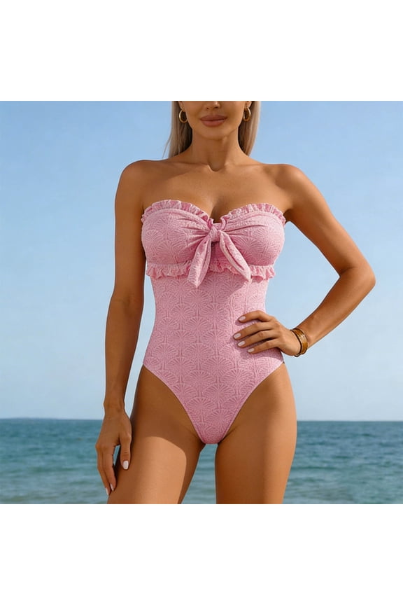 One Piece Swimsuits for Women Bandeau Strapless Tie Front Ruffle Trim Monokini Textured Fabric Tummy Control Flattering Bathing Suit