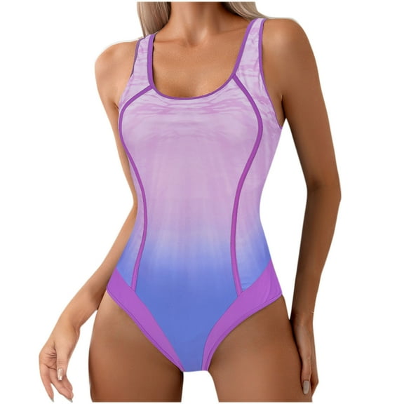 One Piece Swimsuits for Women Bathing Suit Modest Athletic Swimwear Scoop Neck Conservative Monokini Purple,S