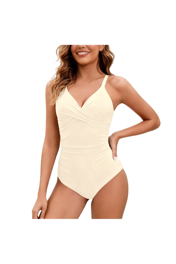 One Piece Swimsuits for Women Built-in Bra Cross Front V Neck Monokini Tummy Control Bathing Suits Ruched Slimming Full Coverage Swimwear