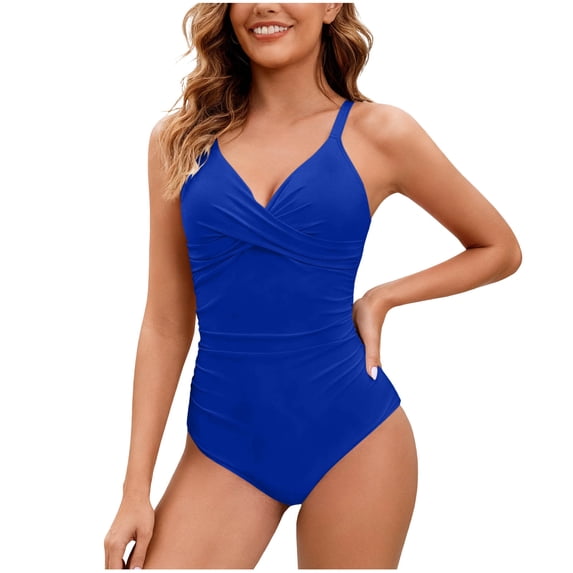 One Piece Swimsuits for Women Built-in Bra Cross Front V Neck Monokini Tummy Control Bathing Suits Ruched Slimming Full Coverage Swimwear