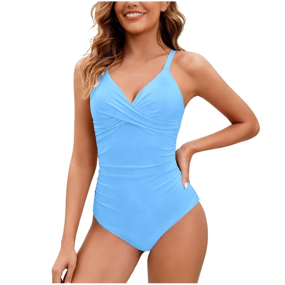 One Piece Swimsuits for Women Built-in Bra Cross Front V Neck Monokini Tummy Control Bathing Suits Ruched Slimming Full Coverage Swimwear