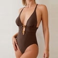 thumbnail image 1 of One Piece Swimsuits for Women Built-in Bra Plunge V Neck Monokini with Gold Chain Detail Cut Out Backless Bathing Suits High Cut Swimwear, 1 of 5