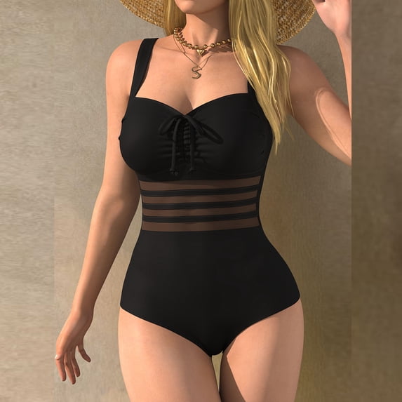 One Piece Swimsuits for Women Built-in Padded Cups Lace Up Front Mesh Patchwork Tummy Control Monokini Slimming High Cut Backless Bathing Suits