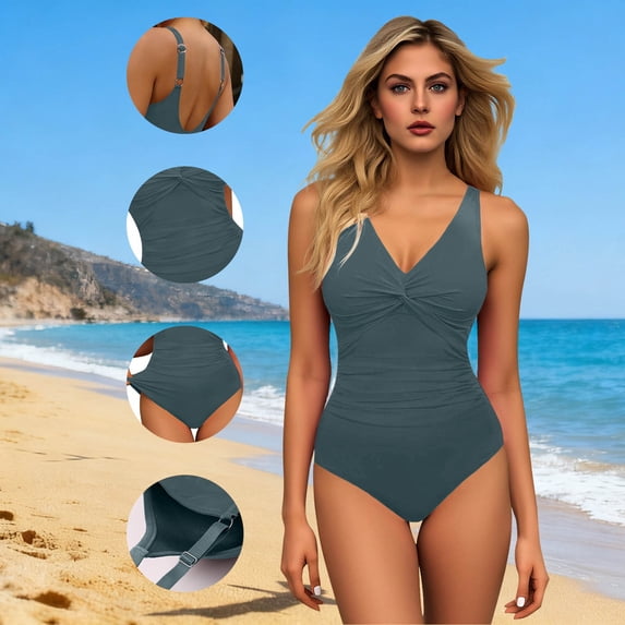 One Piece Swimsuits for Women Built-in Padded Cups V Neck Ruched Tummy Control Bathing Suits Slimming Monokini Flattering Beachwear