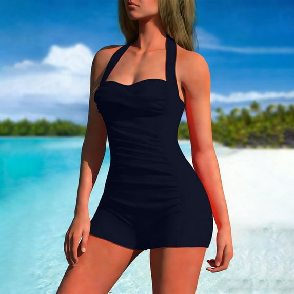 One Piece Swimsuits for Women Halter Neck Boyshorts Bathing Suits Ruched Tummy Control Swimwear Modest Full Coverage Beachwear