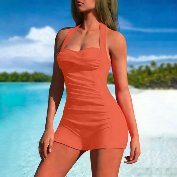 One Piece Swimsuits for Women Halter Neck Boyshorts Bathing Suits Ruched Tummy Control Swimwear Modest Full Coverage Beachwear