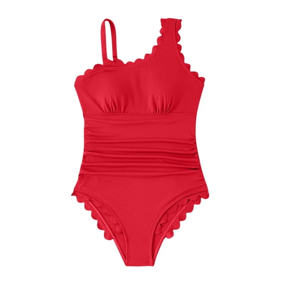 One Piece Swimsuits for Women Padded One Shoulder Monokini Scalloped Edge Bathing Suits Ruched Tummy Control Slimming Backless Swimwear