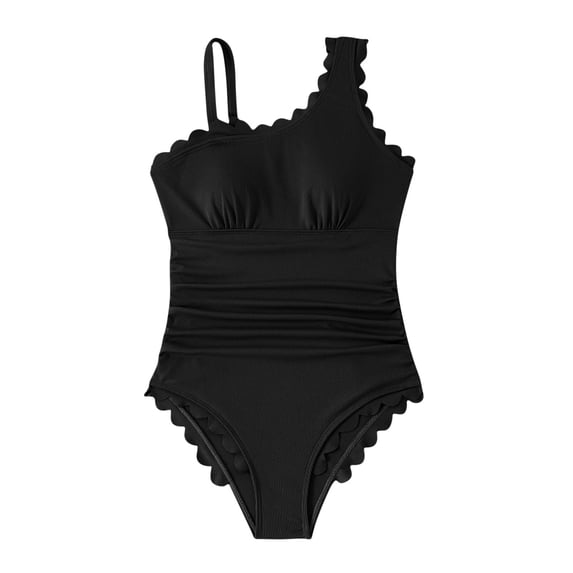 One Piece Swimsuits for Women Padded One Shoulder Monokini Scalloped Edge Bathing Suits Ruched Tummy Control Slimming Backless Swimwear