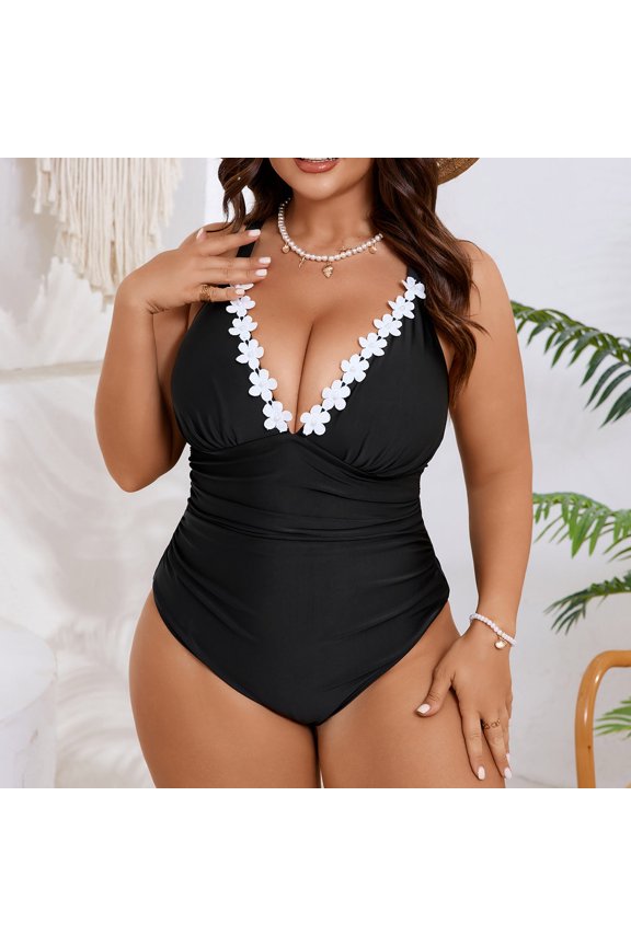 One Piece Swimsuits for Women Plus Size Boho Swimwear Deep V-Neck Cross Back High Waisted Bodycon Shapewear Bathing Suits