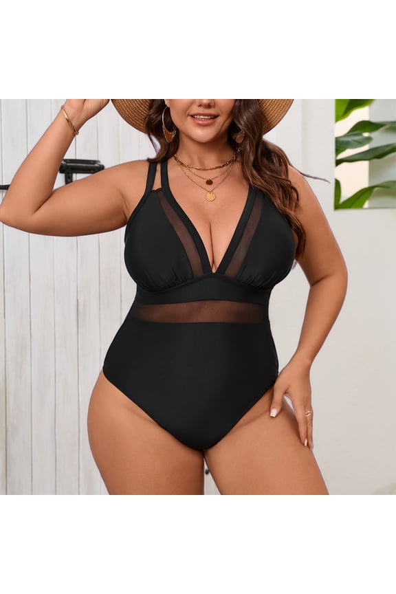 One Piece Swimsuits for Women Plus Size Mesh Stretch Fit Cross Back Seamless Bodysuit Shapewear Black Bathing Suit with Lift L-5XL