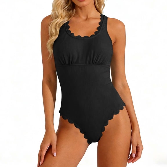 One Piece Swimsuits for Women Ribbed Texture Scalloped Trim Scoop Neck Monokini Tummy Control High Cut Bathing Suits Flattering Slimming Swimwear