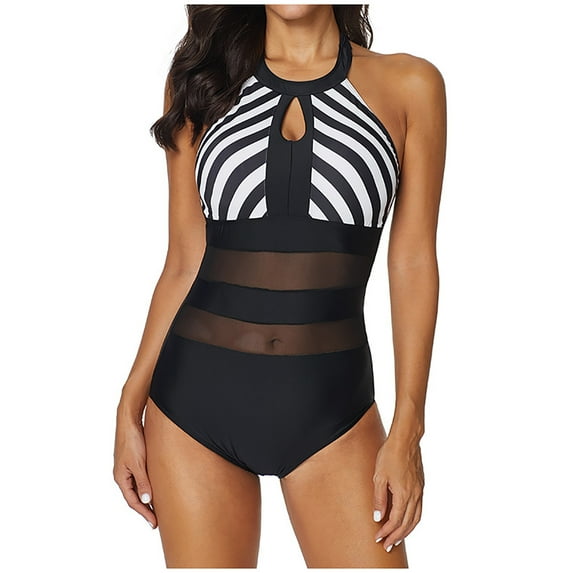 One Piece Swimsuits for Women Ruffle Mesh Hollowed Out Cross Swimwear Backless Fashion Splicing Color Single Shoulder Bathing Suit