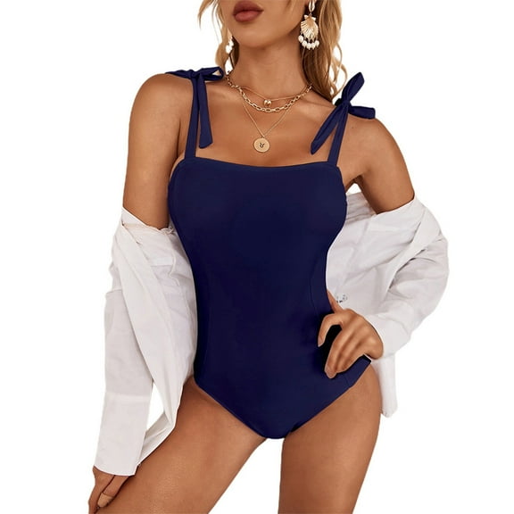 One Piece Swimsuits for Women Solid Color Square Neck Bathing Suit Low Back Tie Shoulder Summer Beach Swimwear (XL, Blue)