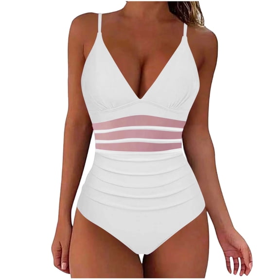 One Piece Swimsuits for Women Tummy Control Bathing Mesh Panel Suit with Adjustable Strap White