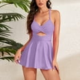 thumbnail image 1 of One Piece Swimsuits for Women Tummy Control Bathing Suits Solid Color Push Up Swimdress Cutout V Neck Fashion Skirt Swimwear, 1 of 7