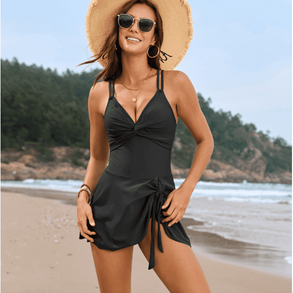 One Piece Swimsuits for Women Twist Front V Neck Swim Skirt Crisscross Back Tummy Control Swimdress Bathing Suit