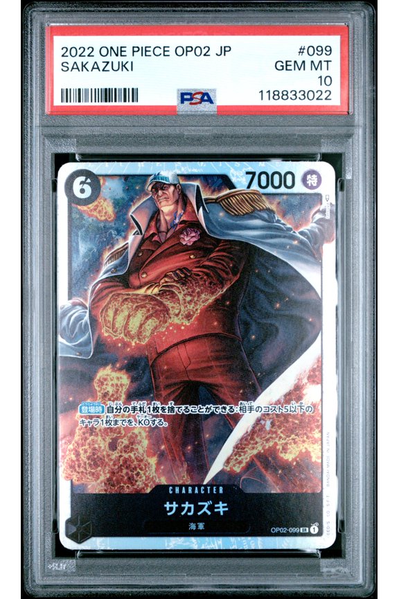 One Piece TCG Japanese, PSA Graded 10 GEM MINT, Sakazuki #099, One Piece Op02 Paramount War, Fully Encapsulated Bundle with Compatible Pokemon Hard Sealed Case