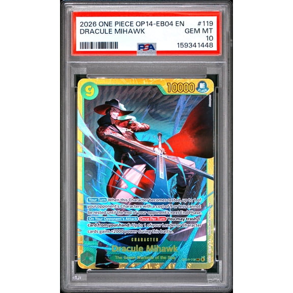 One Piece TCG, PSA Graded 10 GEM MINT, Dracule Mihawk 0 #119, One Piece Op14 Eb04 The Azure Sea'S Seven, Fully Encapsulated Bundle with Compatible One Piece Hard Sealed Case