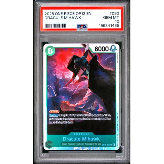 One Piece TCG, PSA Graded 10 GEM MINT, Dracule Mihawk #030, One Piece Op12 Legacy Of The Master, Fully Encapsulated Bundle with Compatible One Piece Hard Sealed Case