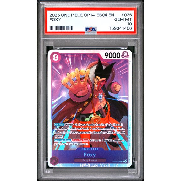 One Piece TCG, PSA Graded 10 GEM MINT, Foxy 0 #036, One Piece Op14 Eb04 The Azure Sea'S Seven, Fully Encapsulated Bundle with Compatible One Piece Hard Sealed Case