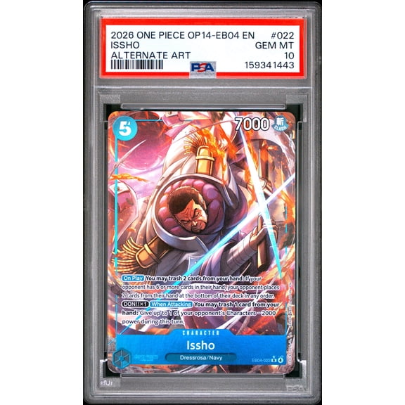 One Piece TCG, PSA Graded 10 GEM MINT, Issho Alternate Art #022, One Piece Op14 Eb04 The Azure Sea'S Seven, Fully Encapsulated Bundle with Compatible One Piece Hard Sealed Case