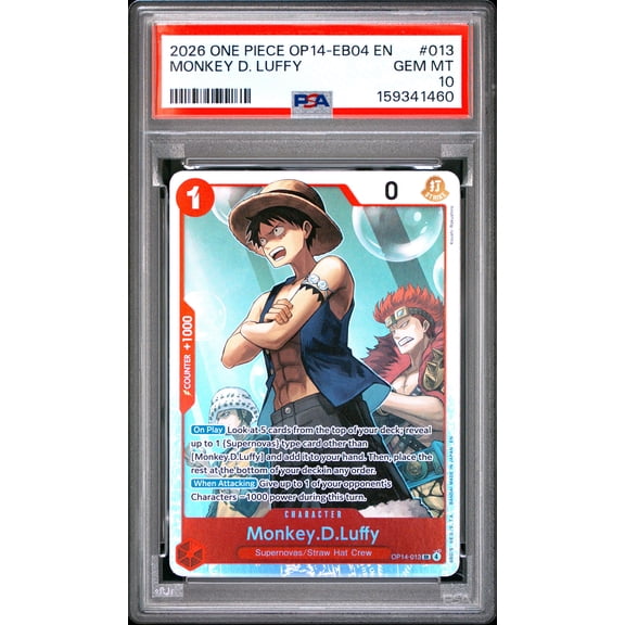 One Piece TCG, PSA Graded 10 GEM MINT, Monkey D. Luffy #013, One Piece Op14 Eb04 The Azure Sea'S Seven, Fully Encapsulated Bundle with Compatible One Piece Hard Sealed Case