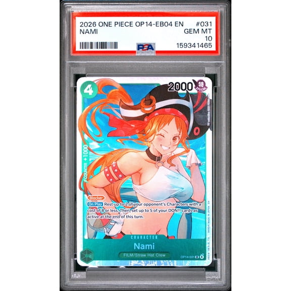 One Piece TCG, PSA Graded 10 GEM MINT, Nami #031, One Piece Op14 Eb04 The Azure Sea'S Seven, Fully Encapsulated Bundle with Compatible One Piece Hard Sealed Case