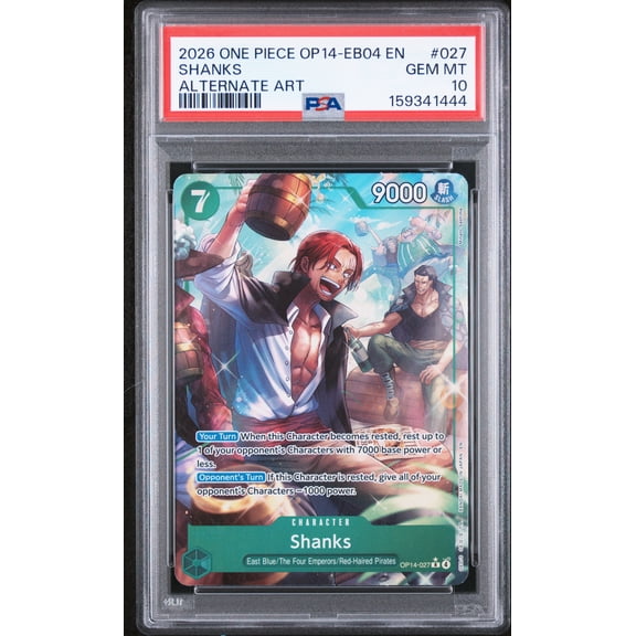 One Piece TCG, PSA Graded 10 GEM MINT, Shanks Alternate Art #027, One Piece Op14 Eb04 The Azure Sea'S Seven, Fully Encapsulated Bundle with Compatible One Piece Hard Sealed Case