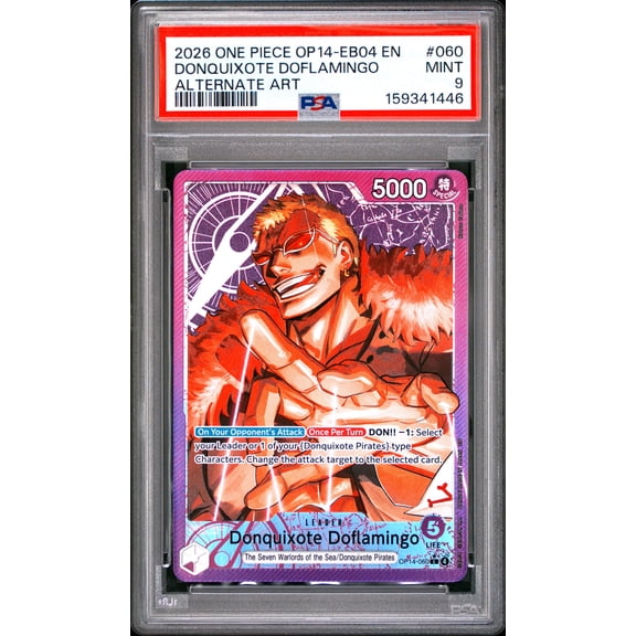 One Piece TCG, PSA Graded 9 MINT, Donquixote Doflamingo Alternate Art #060, One Piece Op14 Eb04 The Azure Sea'S Seven, Fully Encapsulated Bundle with Compatible One Piece Hard Sealed Case