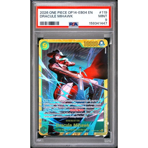 One Piece TCG, PSA Graded 9 MINT, Dracule Mihawk 0 #119, One Piece Op14 Eb04 The Azure Sea'S Seven, Fully Encapsulated Bundle with Compatible One Piece Hard Sealed Case