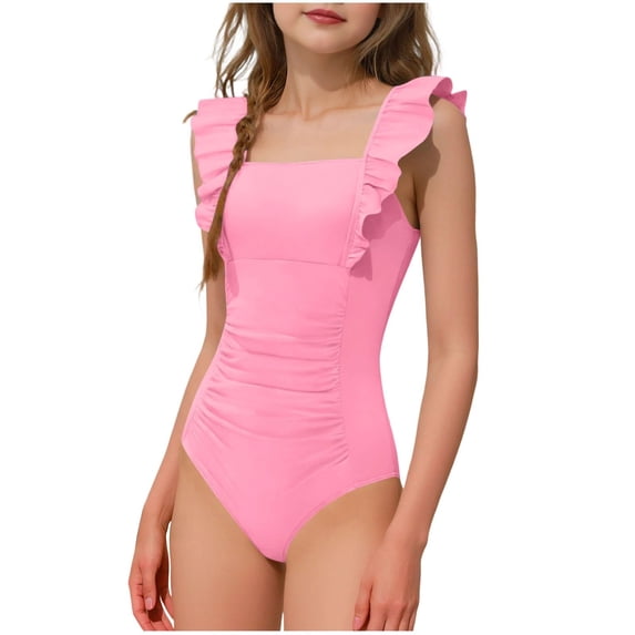 One Piece Swimsuit for Women Puffy Sleeves Tummy Control Bathing Suit Tie Back Swimwear (Pink, 12-13 Years)