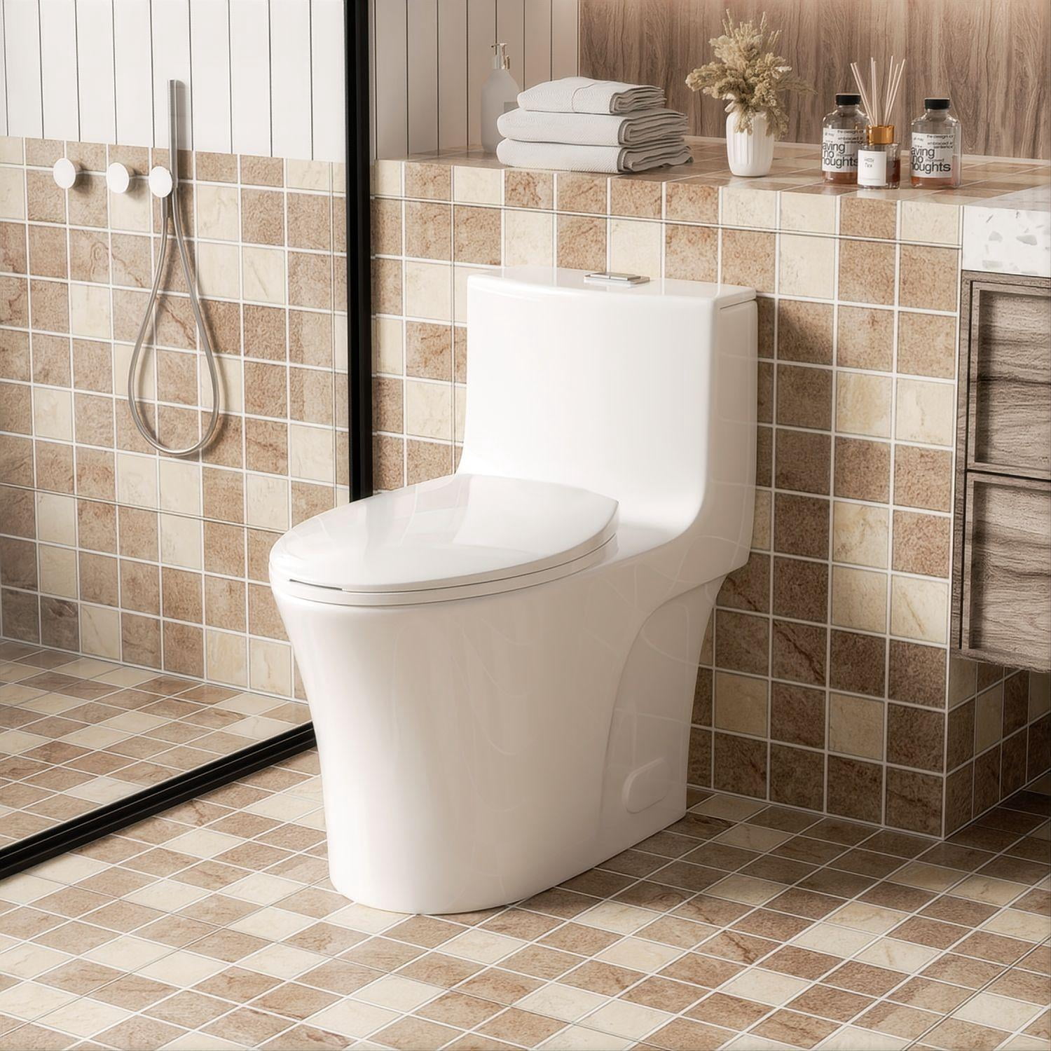 One-Piece Toilet,1.1/1.6 GPF Elongated Modern Toilet,Soft Closing Seat,Siphonic S-trap,Gloss White 02